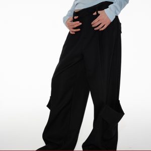 Pleated Long Pants with Double Pockets, Straight Leg, Slight Flare, 3D Hem Details - Trendy Street Style Trousers