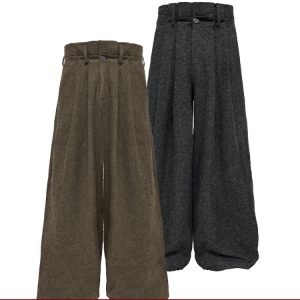 Pleated Paper Long Pants in 85% Merino Wool - Textured Linen Style with Double Waist Pleats - Trendy and Elegant Fashion