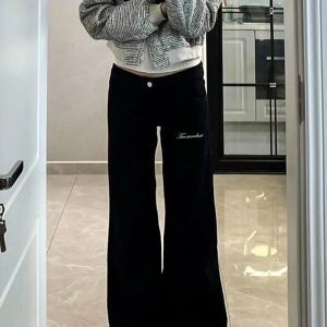 Plus Size Black Flared Jeans for Women - Loose Stretchy Bell-Bottom Pants for Pear-Shaped Figures, Slimming Wide-Leg Design