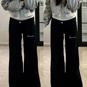 Plus Size Black Flared Jeans for Women - Loose Stretchy Bell-Bottom Pants for Pear-Shaped Figures, Slimming Wide-Leg Design