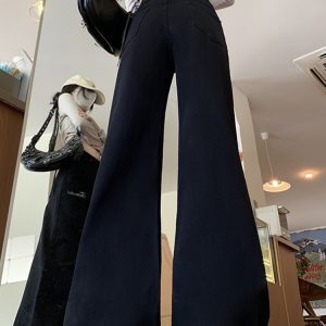 Plus Size Black Flared Jeans for Women, Stretchy Loose Wide-Leg Bell-Bottom Pants for Pear-Shaped Figures, Slimming Fit