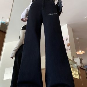 Plus Size Black Flared Jeans for Women, Stretchy Loose Wide-Leg Bell-Bottom Pants for Pear-Shaped Figures, Slimming Fit