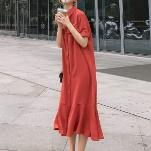 Plus Size French-Style Red Chiffon Shirt Dress for Women - Flattering Mermaid Long Dress for Curvy Figures, Summer 2025