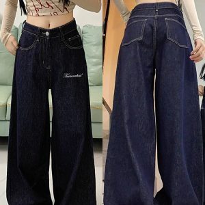 Plus Size High-Waisted Flared Jeans for Women, Loose Fit Wide-Leg Pants in Deep Blue - Vintage American Style Fashion