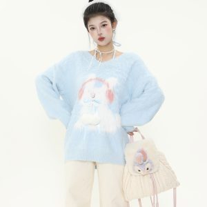 Plush Little Rabbit V-Neck Halter Tie Sweater for Women, Soft Loose Knitted Top for Autumn and Winter, Cozy Casual Style