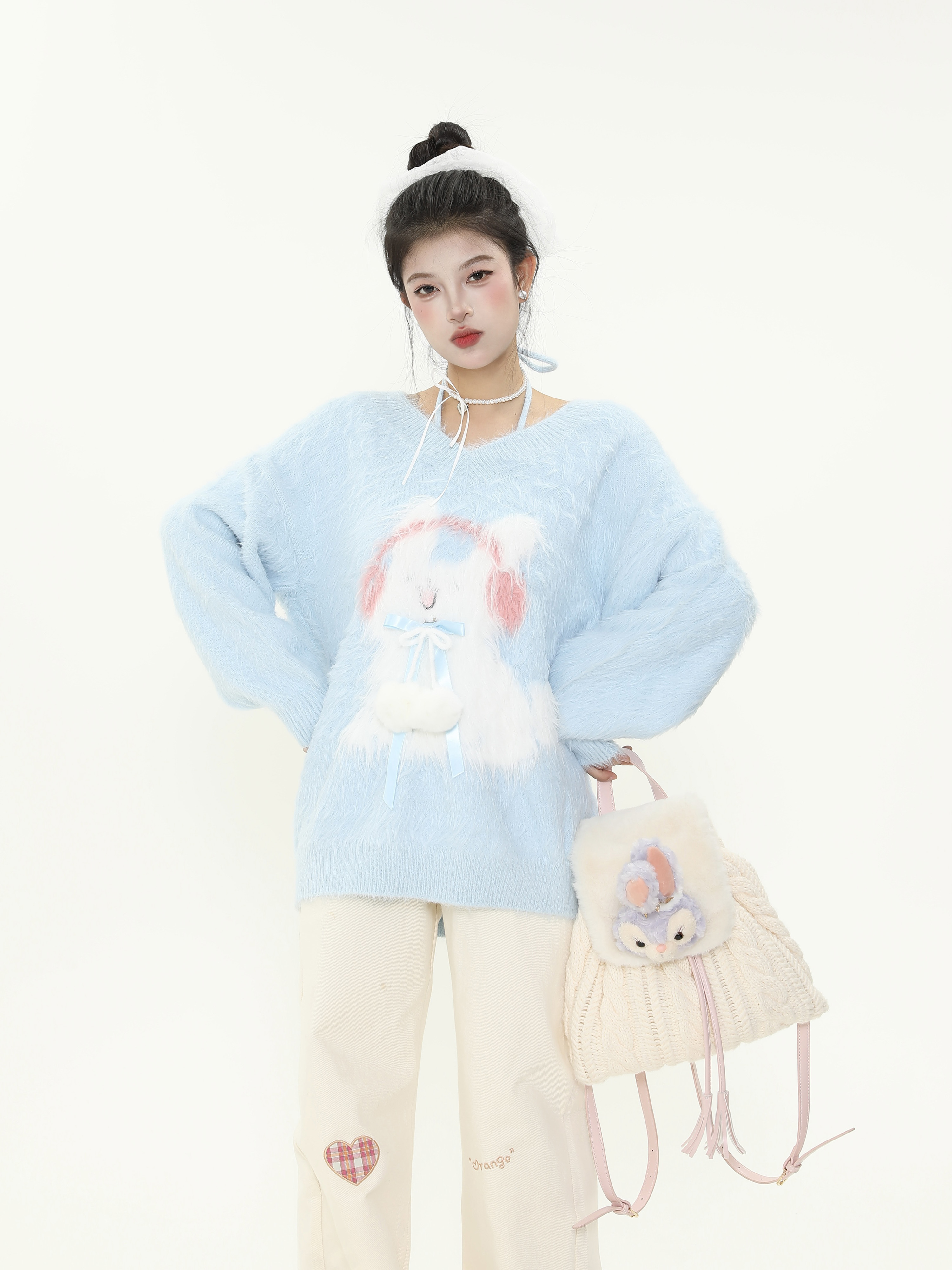 Plush Little Rabbit V-Neck Halter Tie Sweater for Women, Soft Loose Knitted Top for Autumn and Winter, Cozy Casual Style