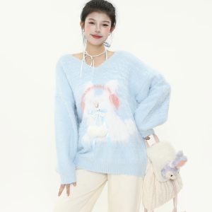 Plush Little Rabbit V-Neck Halter Tie Sweater for Women, Soft Loose Knitted Top for Autumn and Winter, Cozy Casual Style