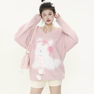Plush Little Rabbit V-Neck Halter Tie Sweater for Women, Soft Loose Knitted Top for Autumn and Winter, Cozy Casual Style