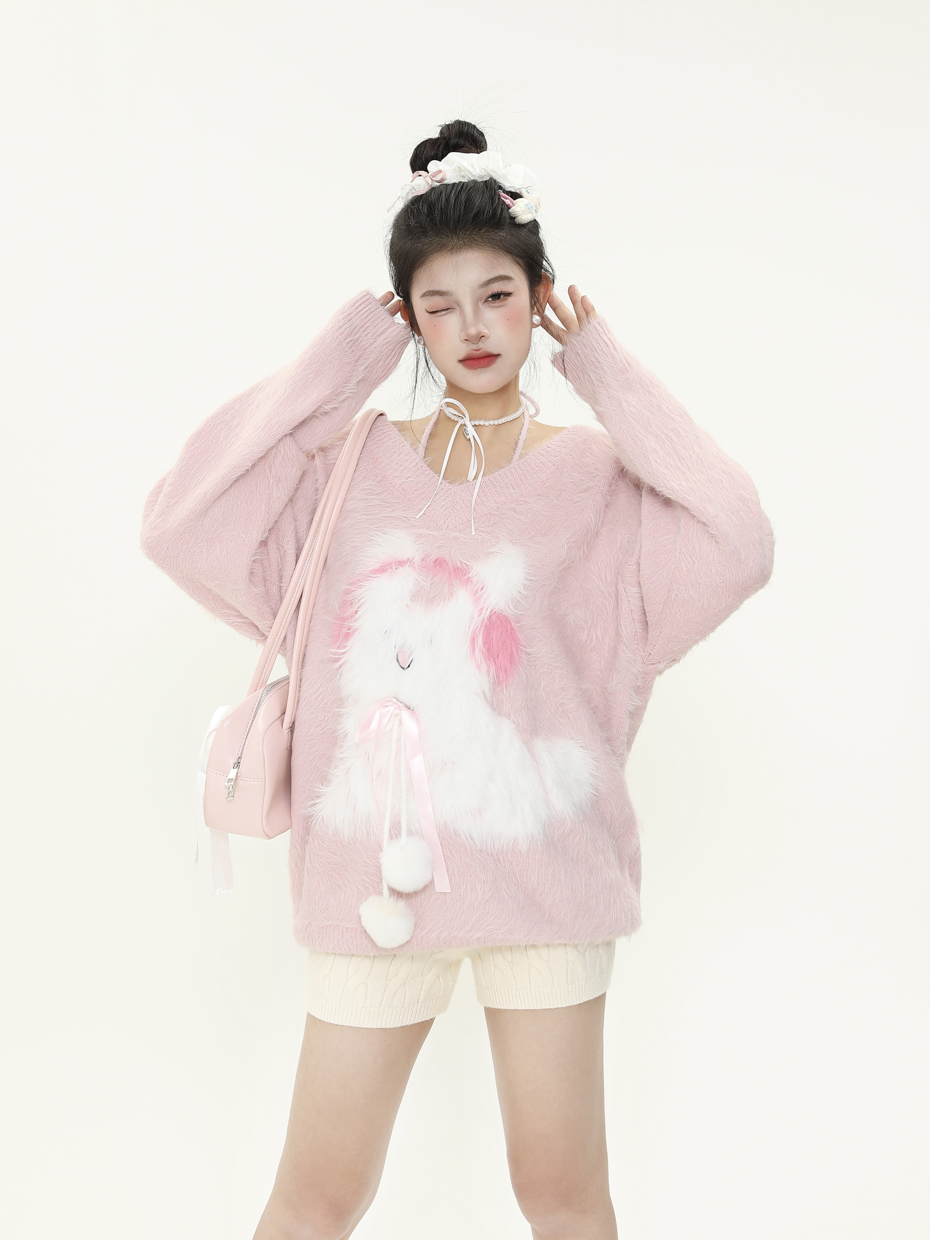 Plush Little Rabbit V-Neck Halter Tie Sweater for Women, Soft Loose Knitted Top for Autumn and Winter, Cozy Casual Style