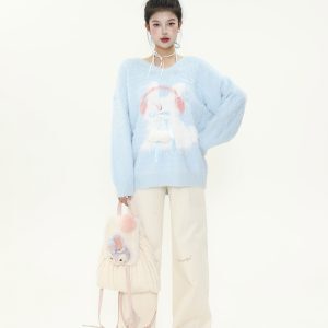 Plush Little Rabbit V-Neck Halter Tie Sweater for Women, Soft Loose Knitted Top for Autumn and Winter, Cozy Casual Style