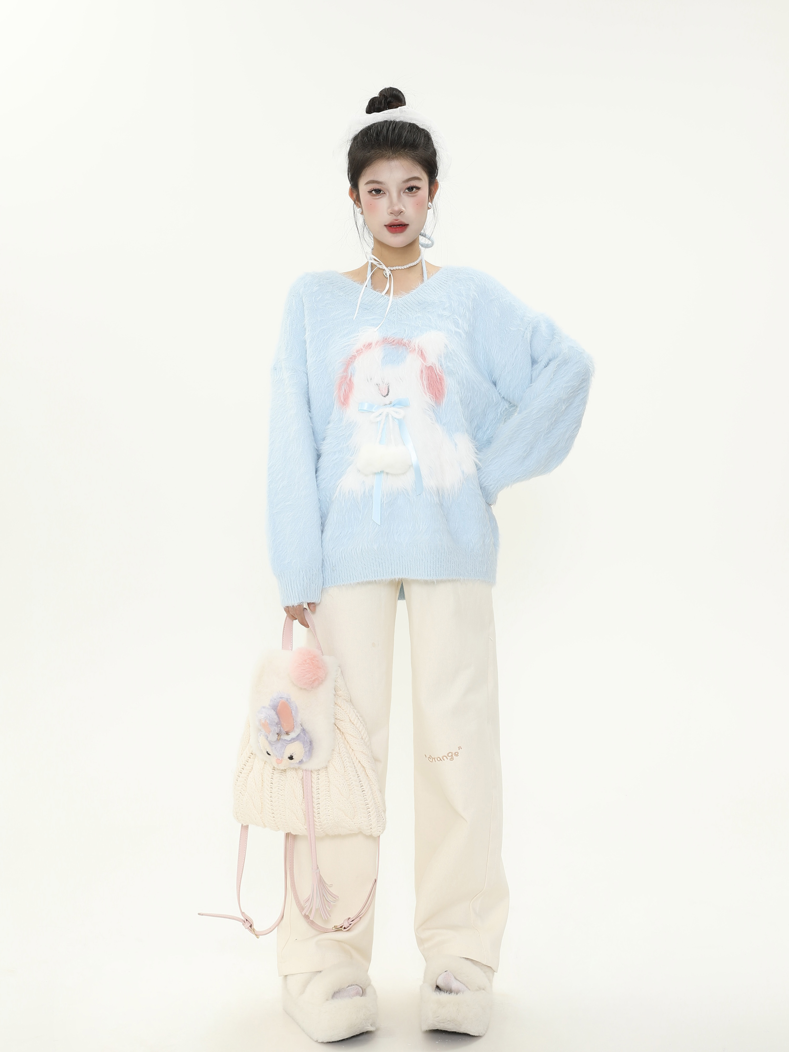 Plush Little Rabbit V-Neck Halter Tie Sweater for Women, Soft Loose Knitted Top for Autumn and Winter, Cozy Casual Style