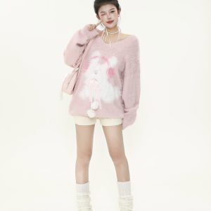 Plush Little Rabbit V-Neck Halter Tie Sweater for Women, Soft Loose Knitted Top for Autumn and Winter, Cozy Casual Style