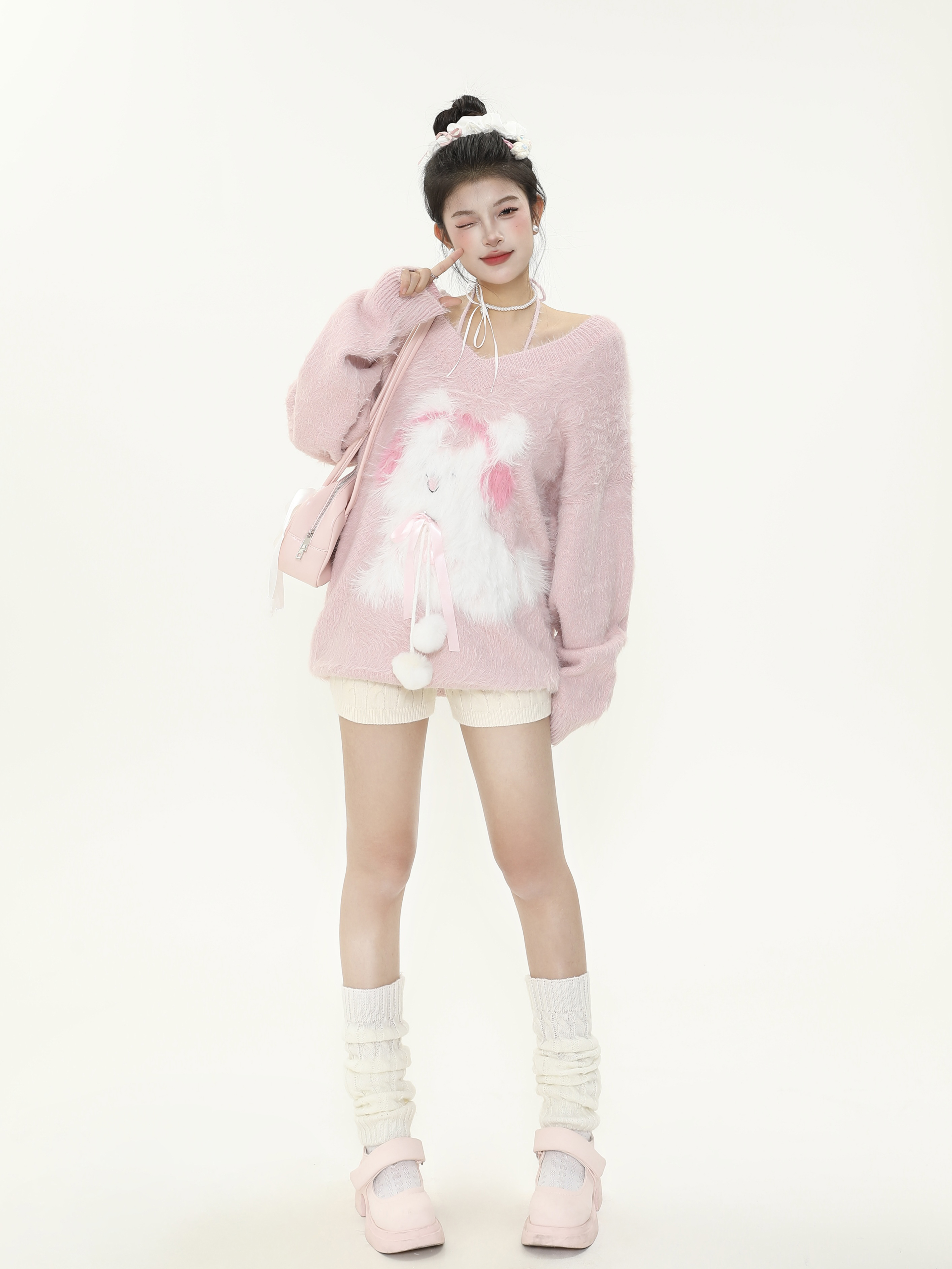 Plush Little Rabbit V-Neck Halter Tie Sweater for Women, Soft Loose Knitted Top for Autumn and Winter, Cozy Casual Style