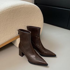 Pointed Toe Short Boots for Women, Chunky High Heels, Fleece-Lined, Versatile Autumn/Winter 2024 European French Style