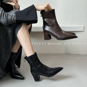 Pointed Toe Short Boots for Women, Chunky High Heels, Fleece-Lined, Versatile Autumn/Winter 2024 European French Style