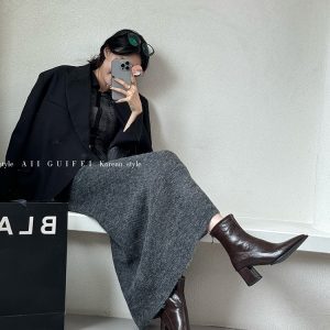 Pointed Toe Short Boots for Women, Chunky High Heels, Fleece-Lined, Versatile Autumn/Winter 2024 European French Style