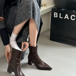 Pointed Toe Short Boots for Women, Chunky High Heels, Fleece-Lined, Versatile Autumn/Winter 2024 European French Style