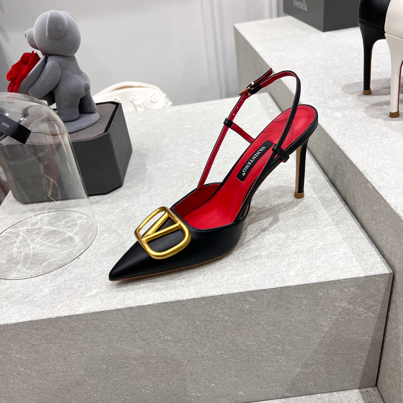 Pointed Toe V-Buckle Party Sandals for Women - Hollow Fine Strap, Closed Toe, Thin Heel, Black with Red Sole, Chic Evening Footwear