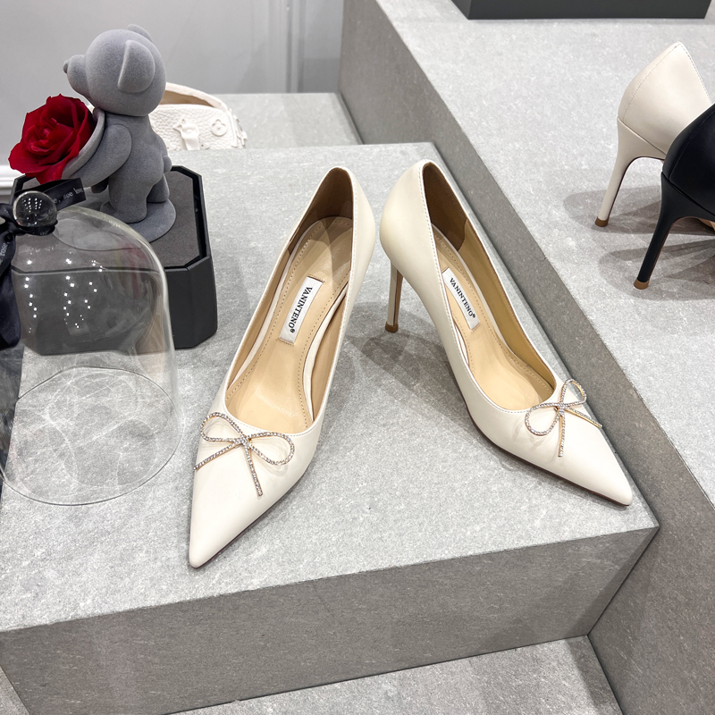 Princess Style Genuine Leather White Bow Pointed Toe High Heel Stiletto Shoes for Women – Elegant Fashion Footwear