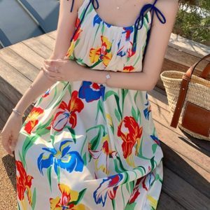 Printed Camisole Dress for Women - Long Beach Skirt for Summer Vacation, Travel, and Hainan Getaways