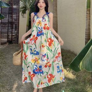 Printed Camisole Dress for Women - Long Beach Skirt for Summer Vacation, Travel, and Hainan Getaways