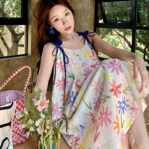 Printed Camisole Dress for Women - Long Beach Skirt for Summer Vacation, Travel, and Hainan Getaways