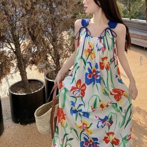 Printed Camisole Dress for Women - Long Beach Skirt for Summer Vacation, Travel, and Hainan Getaways