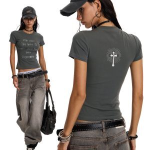 Punk Cross Short Sleeve T-Shirt for Girls, American Retro Street Style, Slim Fit, Trendy Fashion Top