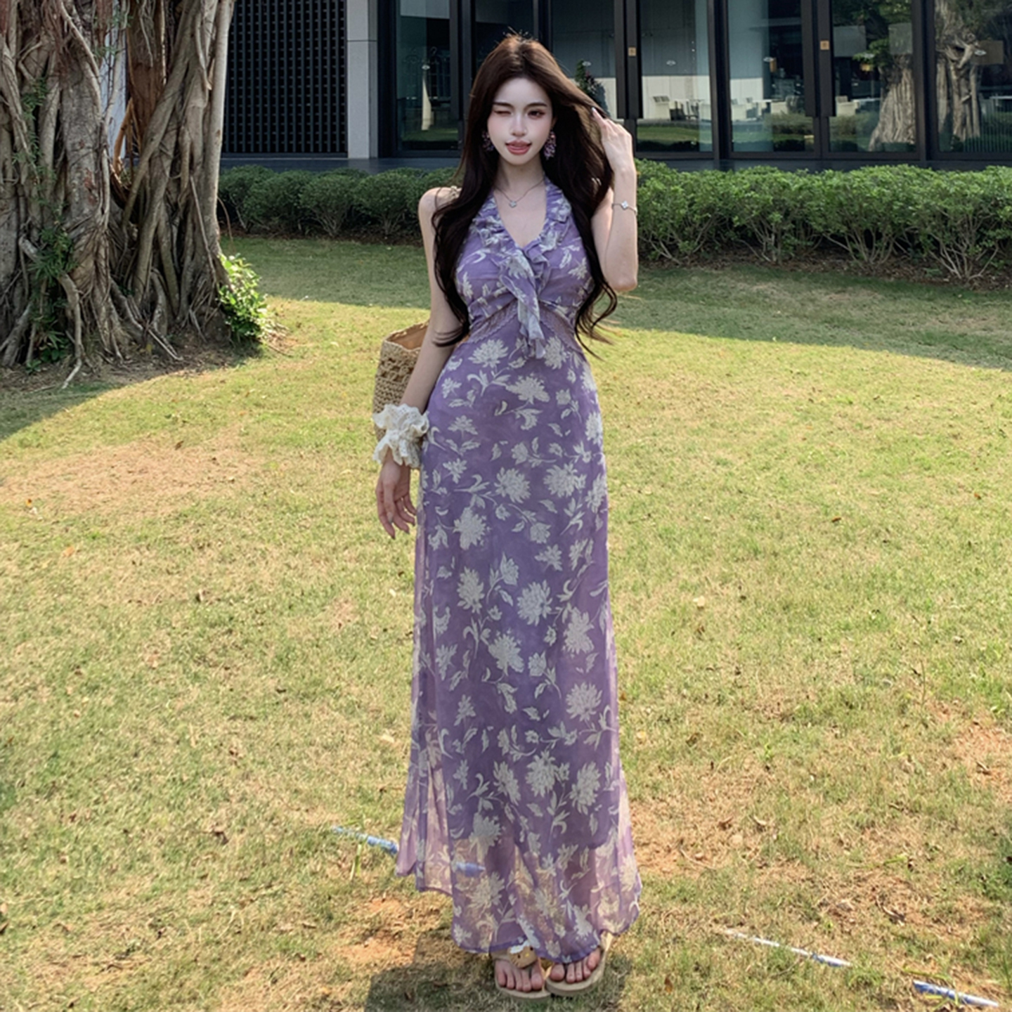 Purple Floral Halter Dress with Draping and Waist Cinching - Romantic Vacation Style Long Dress for Summer - 90s Inspired Fashion