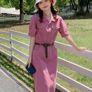 Raspberry Pink Slim Fit Shirt Dress for Women - Trendy Summer 2025 Workwear, Waist-Cinching Design, Chic and Stylish