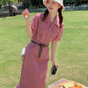 Raspberry Pink Slim Fit Shirt Dress for Women - Trendy Summer 2025 Workwear, Waist-Cinching Design, Chic and Stylish