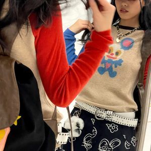 Red and Blue Raglan Sleeve Printed Knit Pullover Long Sleeve T-Shirt - Trendy Casual Style