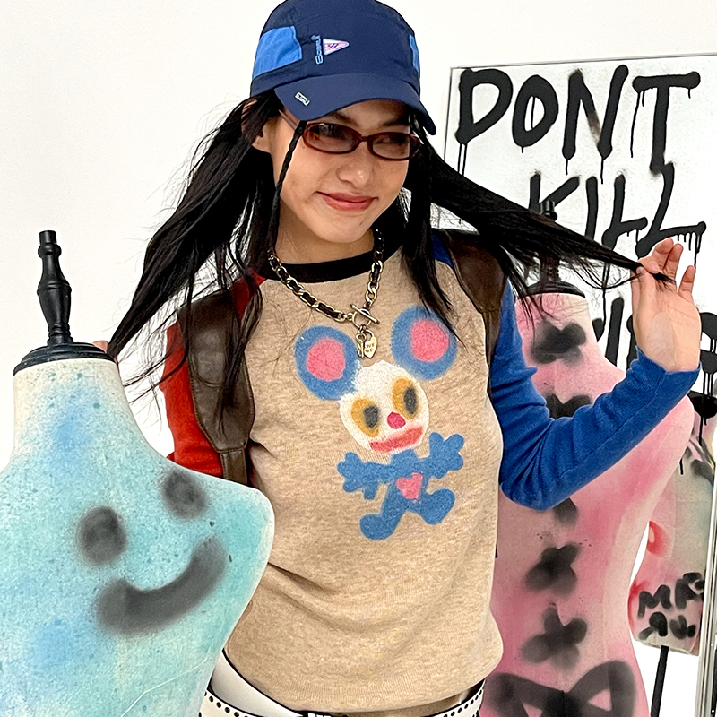 Red and Blue Raglan Sleeve Printed Knit Pullover Long Sleeve T-Shirt - Trendy Casual Style