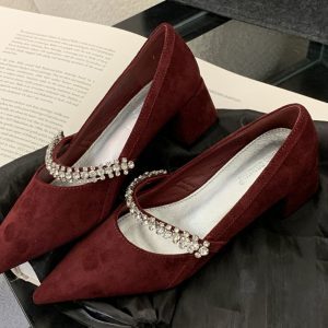 Red Chunky Heels Mary Jane Wedding Shoes with Rhinestones for Spring & Autumn 2024 - Stylish Pointed-Toe Design for Dresses