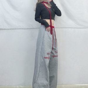 Red Color-Block Striped Long Sleeve Jazz Dance Outfit with Double Waistband Pants - Spicy Girl Hip Hop Sportswear