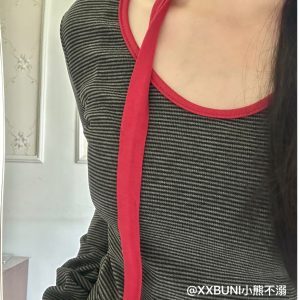 Red Color-Block Striped Long Sleeve Jazz Dance Outfit with Double Waistband Pants - Spicy Girl Hip Hop Sportswear