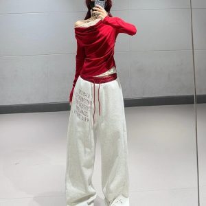 Red Double Waistband Spliced Letter Print Straight Leg Sweatpants for Women - Sweet and Spicy Girl Group Dance Style
