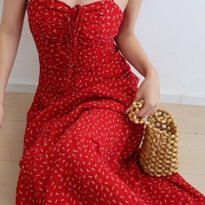 Red Floral Ruffled Drawstring Tie Cami Maxi Dress - Vintage Vacation Style, Perfect for 90s and Y2K Inspired Looks