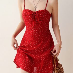 Red Floral Ruffled Drawstring Tie Cami Maxi Dress - Vintage Vacation Style, Perfect for 90s and Y2K Inspired Looks