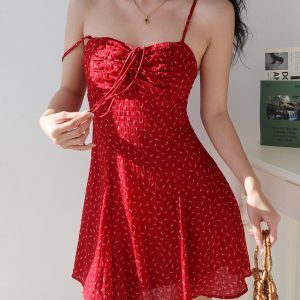Red Floral Ruffled Drawstring Tie Cami Maxi Dress - Vintage Vacation Style, Perfect for 90s and Y2K Inspired Looks