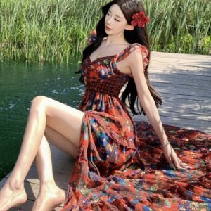 Red Floral V-Neck Split Dress for Women - Summer Seaside Vacation Outfit, Long Boho Style for Travel and Photo Opportunities