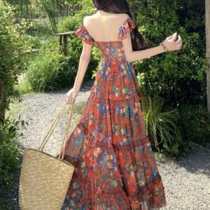 Red Floral V-Neck Split Dress for Women - Summer Seaside Vacation Outfit, Long Boho Style for Travel and Photo Opportunities