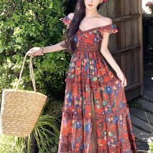 Red Floral V-Neck Split Dress for Women - Summer Seaside Vacation Outfit, Long Boho Style for Travel and Photo Opportunities