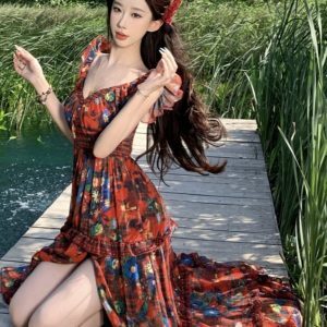 Red Floral V-Neck Split Dress for Women - Summer Seaside Vacation Outfit, Long Boho Style for Travel and Photo Opportunities