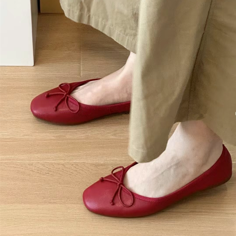 Red Genuine Leather French Ballet Flats for Women - Soft Sole Slip-On Casual Loafers, Perfect for Everyday Comfort