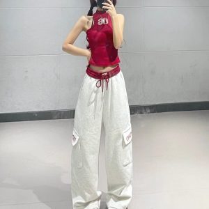 Red High-Neck Jazz Dance Outfit for Women - Dual-Waist Contrasting Straight-Leg Cargo Pants, Stylish Performance Wear