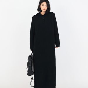Red Hooded Long Sleeve Dress for Women - Korean Style, Elegant Loose Fit, Autumn and Winter Fashion, Casual Oversized Dress