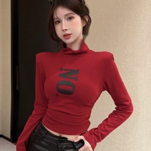 Red Jazz Dance Top for Women - Slim-Fit K-Pop Style Shirt for Autumn & Winter Music Festival Outfits