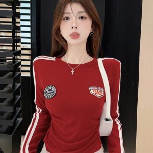Red Jazz Dance Top for Women - Unique Stylish Base Shirt for Autumn/Winter, K-Pop Inspired Performance Outfit