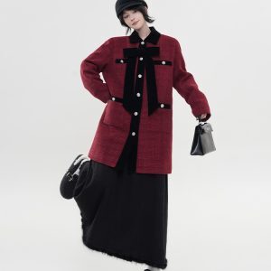 Red Lapel Long Sleeve Woolen Coat for Women - Winter Korean Style Loose Mid-Length Warm Outerwear